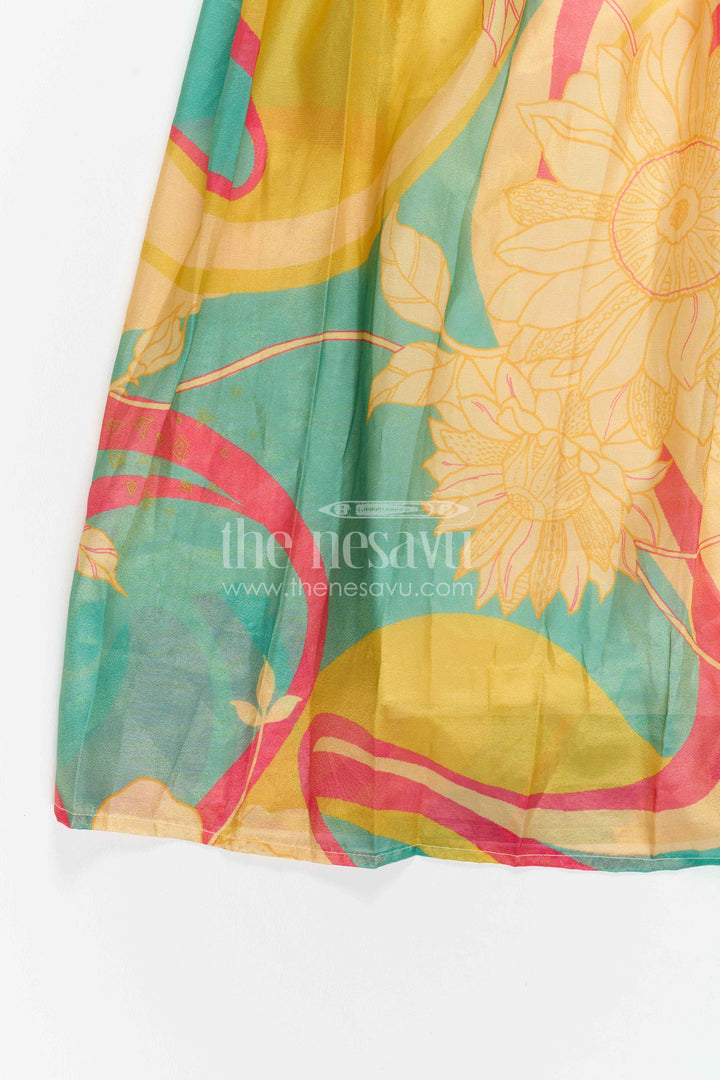 The Nesavu Girls Silk Gown Girls Party Gown for Wedding Receptions and Festive Photos Nesavu Nesavu Girls Semi Banaras Silk Digital Print Gown For Weddings And Festive Celebrations