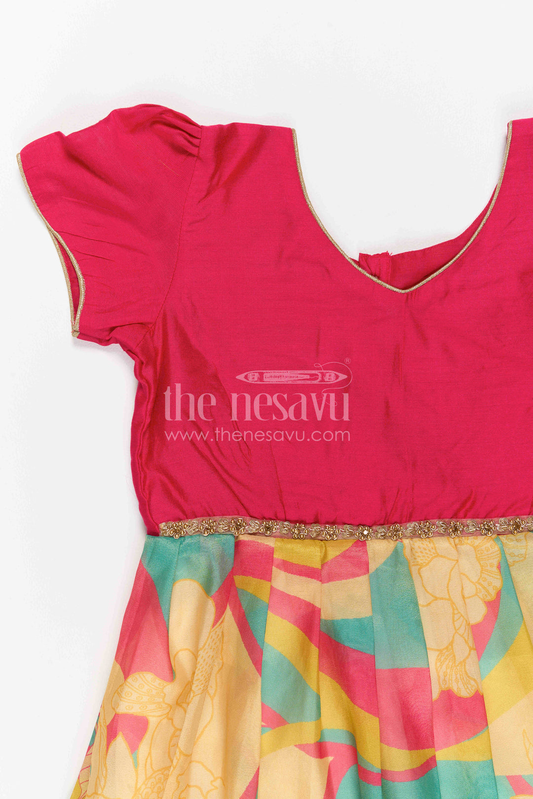 The Nesavu Girls Silk Gown Girls Party Gown for Wedding Receptions and Festive Photos Nesavu Nesavu Girls Semi Banaras Silk Digital Print Gown For Weddings And Festive Celebrations