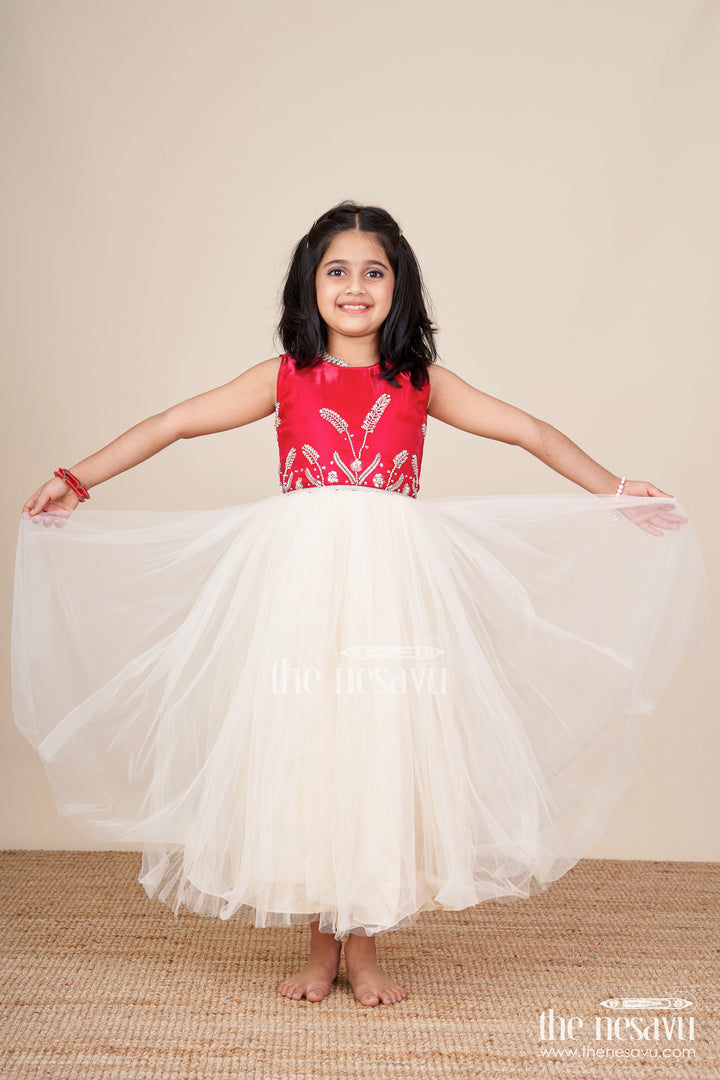 The Nesavu Girls Party Gown Girls Party Gown with Net Flare for Birthdays and Photo Shoots Nesavu 20 (3Y) / Red GA376C-20 Nesavu girls embroidered satin net party gown birthdays photoshoots special events