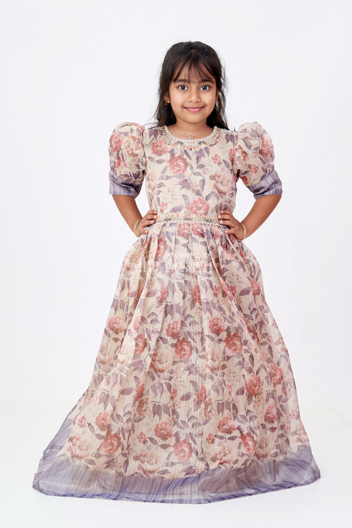 The Nesavu Girls Casual Gown Girls Party Gowns in Gold Tissue Fabric with Floral Digital Print and Puff Sleeves for Stylish Occasions Nesavu 24 (5Y) / Purple GA298C-24 Nesavu Girls Party Gowns Gold Tissue Floral Digital Print Embellished Details Elegant Celebrations