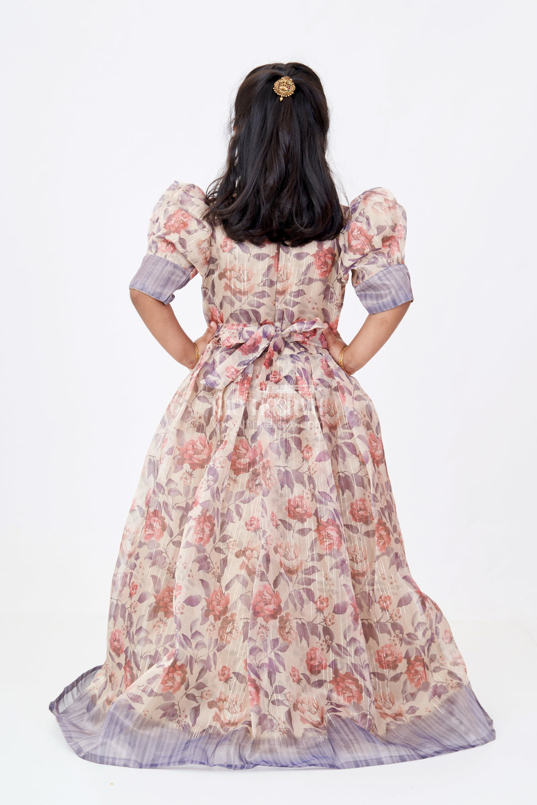 The Nesavu Girls Casual Gown Girls Party Gowns in Gold Tissue Fabric with Floral Digital Print and Puff Sleeves for Stylish Occasions Nesavu Nesavu Girls Party Gowns Gold Tissue Floral Digital Print Embellished Details Elegant Celebrations