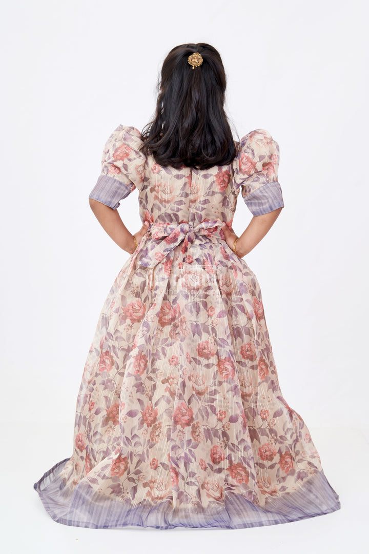 The Nesavu Girls Casual Gown Girls Party Gowns in Gold Tissue Fabric with Floral Digital Print and Puff Sleeves for Stylish Occasions Nesavu Nesavu Girls Party Gowns Gold Tissue Floral Digital Print Embellished Details Elegant Celebrations