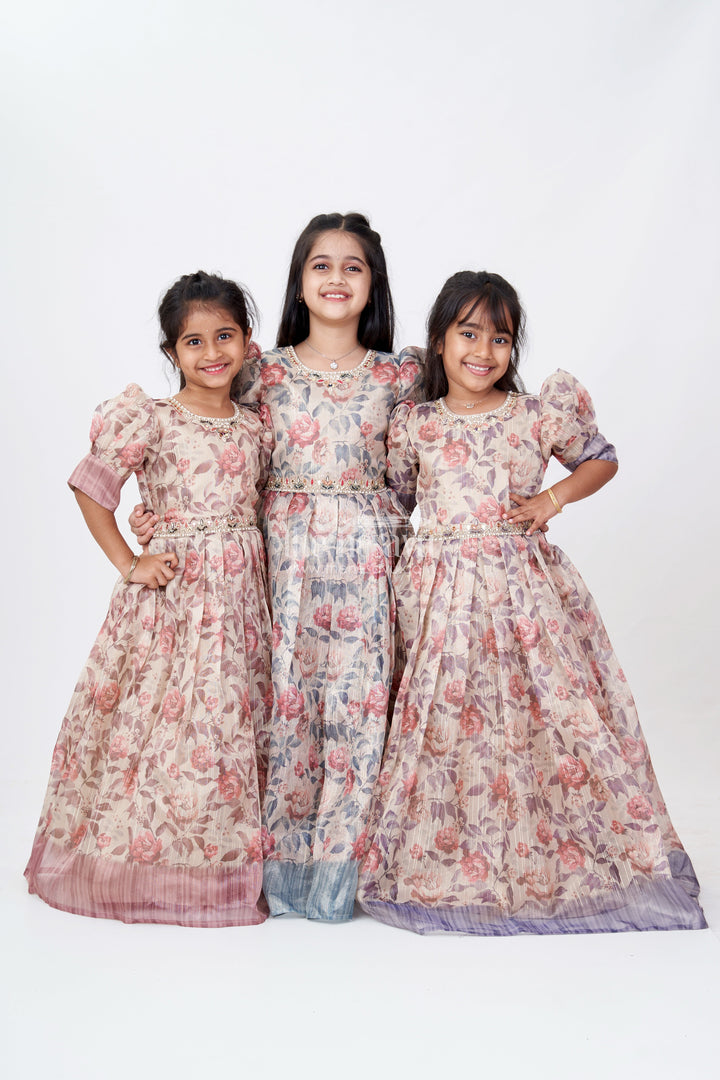The Nesavu Girls Casual Gown Girls Party Gowns in Gold Tissue Fabric with Floral Digital Print and Puff Sleeves for Stylish Occasions Nesavu Nesavu Girls Party Gowns Gold Tissue Floral Digital Print Embellished Details Elegant Celebrations