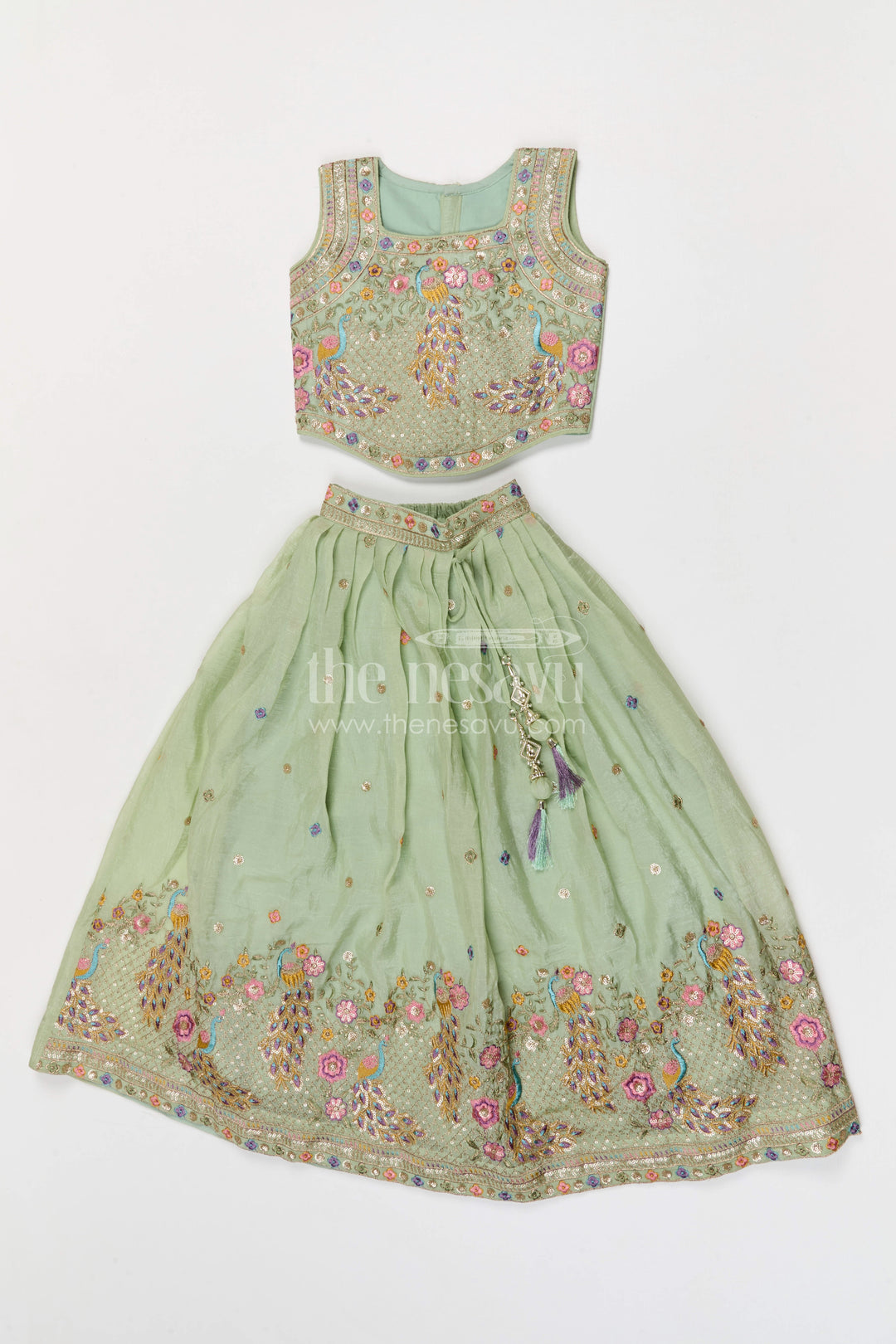 The Nesavu Girls Fancy Lehenga Girls Party Lehenga for Weddings and Party Date Nesavu 16 (1Y) / Green / Georgette GL885A-16 Nesavu girls crushed georgette lehenga for weddings and festive occasions with embroidered designer yoke