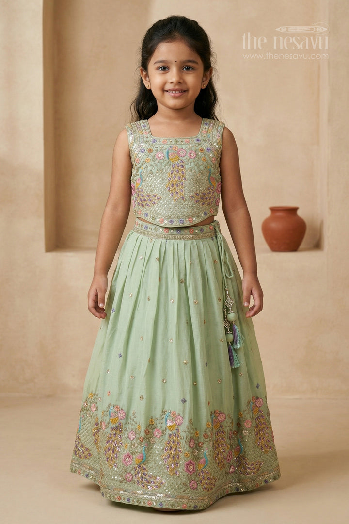 The Nesavu Girls Fancy Lehenga Girls Party Lehenga for Weddings and Party Date Nesavu 16 (1Y) / Green / Georgette GL885A-16 Nesavu girls crushed georgette lehenga for weddings and festive occasions with embroidered designer yoke