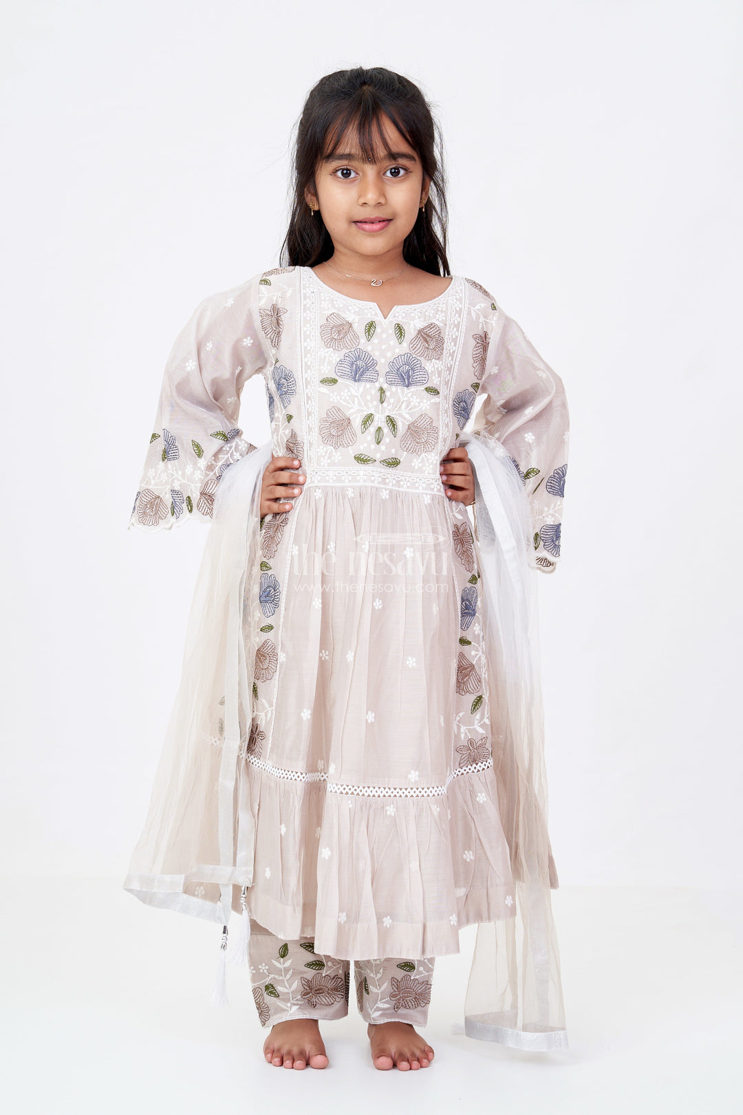 The Nesavu Girls Churidar Sets Girls Party Wear Churidar Set in Pure Cotton with Designer Embroidery and Flared Sleeves Nesavu 24 (5Y) / Beige GPS543B-24 Nesavu Girls Party Wear Churidar Set Pure Cotton Designer Embroidery Flared Sleeves