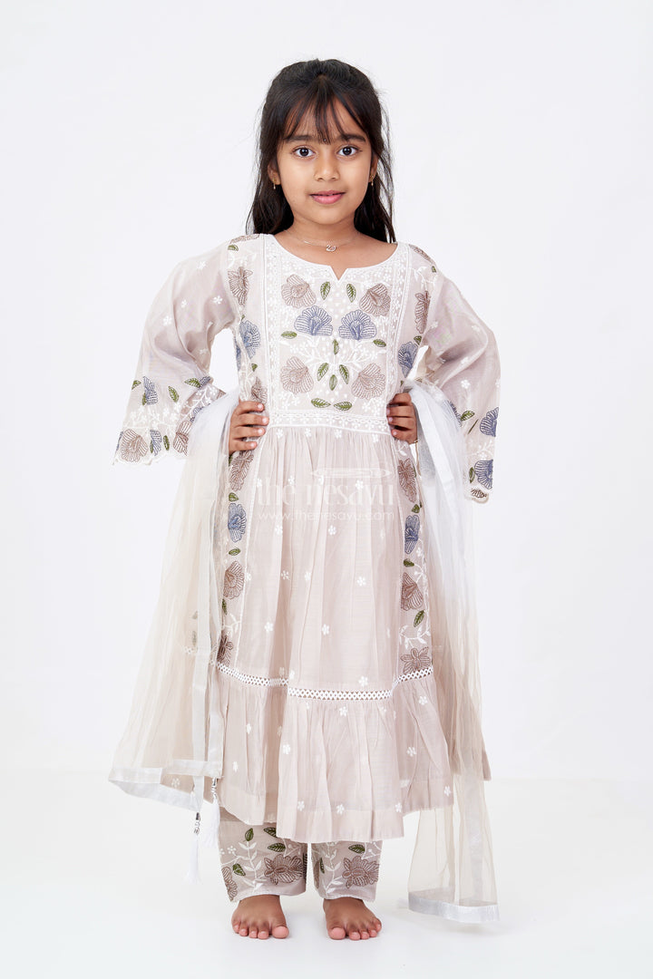 The Nesavu Girls Churidar Sets Girls Party Wear Churidar Set in Pure Cotton with Designer Embroidery and Flared Sleeves Nesavu 24 (5Y) / Beige GPS543B-24 Nesavu Girls Party Wear Churidar Set Pure Cotton Designer Embroidery Flared Sleeves