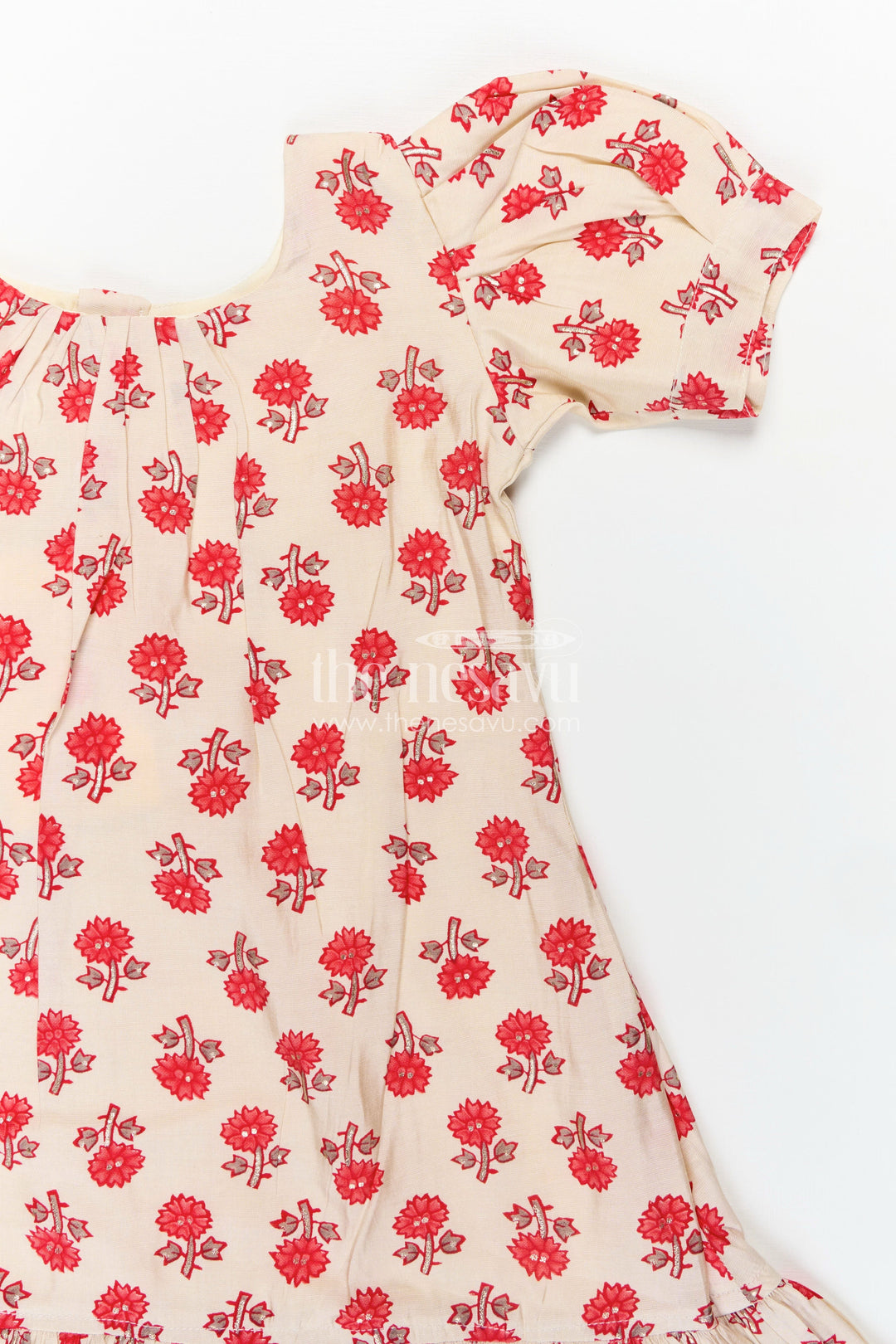 The Nesavu Girls Fancy Frock Girls Party Wear Knee Length Frock in Beige Muslin Silk with Red Floral Print and Puff Sleeves Nesavu Nesavu Girls Beige Muslin Silk Party Wear Knee Length Frock Red Floral Digital Print