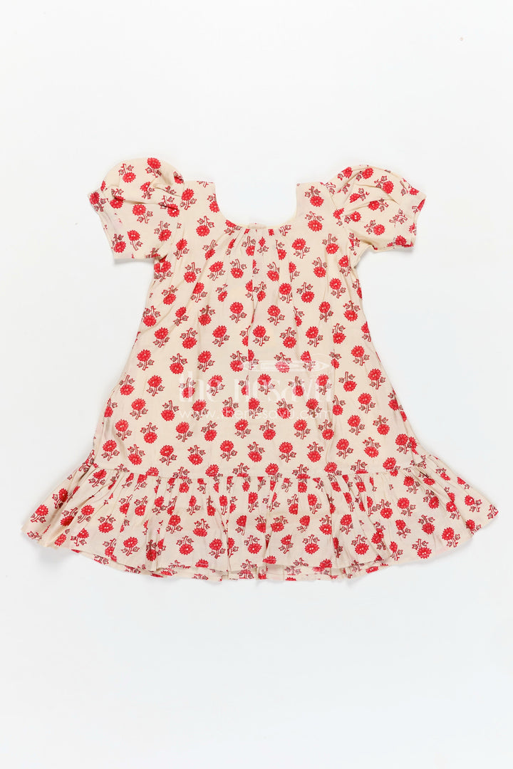 The Nesavu Girls Fancy Frock Girls Party Wear Knee Length Frock in Beige Muslin Silk with Red Floral Print and Puff Sleeves Nesavu Nesavu Girls Beige Muslin Silk Party Wear Knee Length Frock Red Floral Digital Print