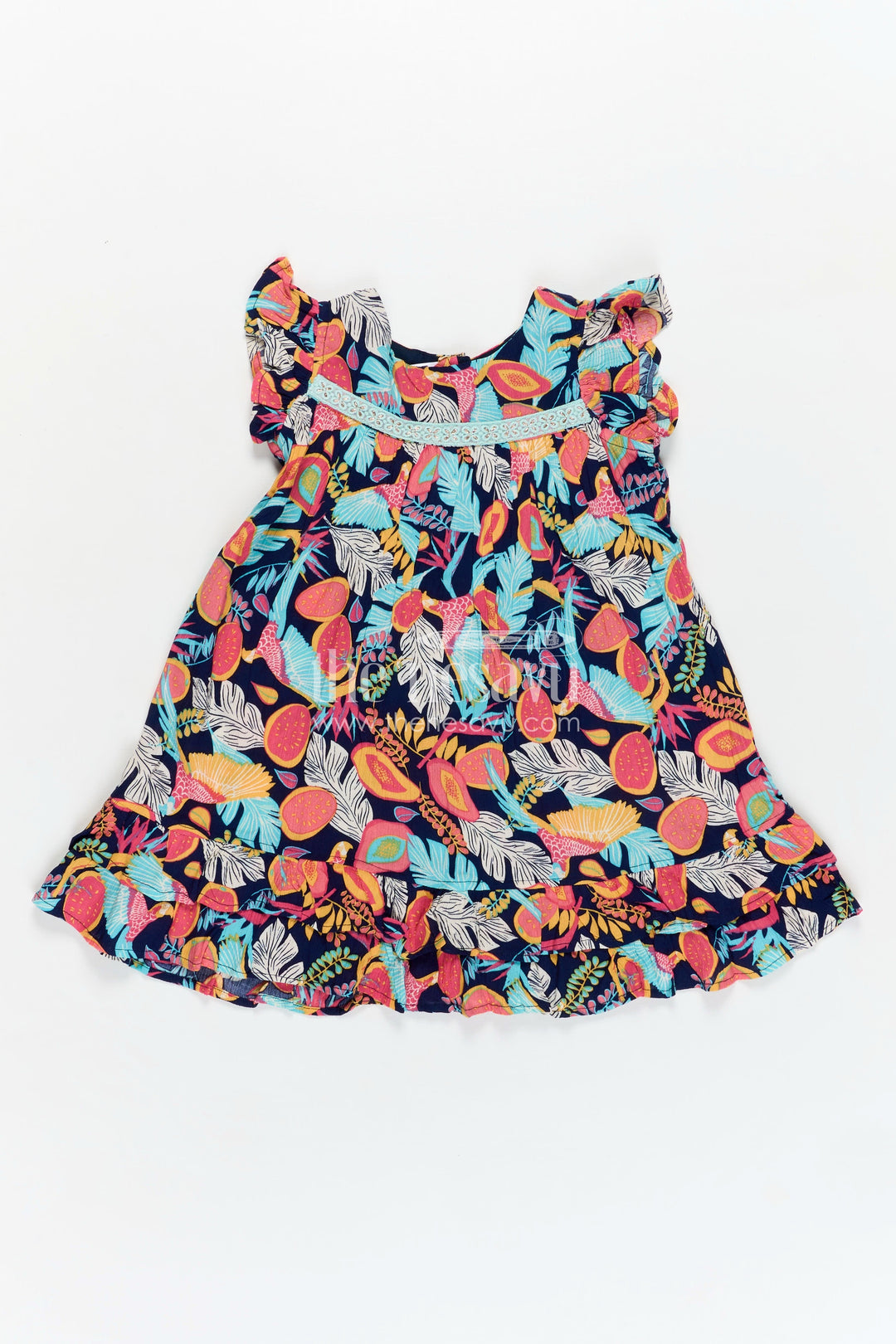 The Nesavu Girls Fancy Frock Girls Party Wear Long Frock Models in Black Rayon with Colorful Tropical Digital Print and Ruffle Trim Nesavu 18 (2Y) / Blue GFC1767A-18 Nesavu Girls Black Rayon Party Wear Long Frock Models Colorful Tropical Digital Print