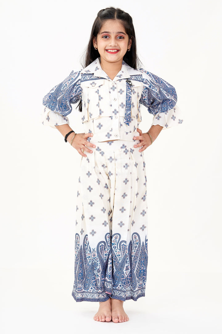 The Nesavu Girls Sharara / Plazo Set Girls Party Wear Palazzo Set in Cotton Blend with Blue Paisley Print and Puff Sleeves Nesavu 24 (5Y) / Blue GPS499A-24 Nesavu Girls Party Wear Palazzo Set Cotton Blend Blue Paisley Print Puff Sleeves