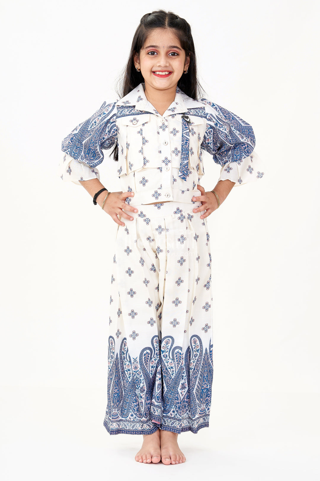 The Nesavu Girls Sharara / Plazo Set Girls Party Wear Palazzo Set in Cotton Blend with Blue Paisley Print and Puff Sleeves Nesavu 24 (5Y) / Blue GPS499A-24 Nesavu Girls Party Wear Palazzo Set Cotton Blend Blue Paisley Print Puff Sleeves