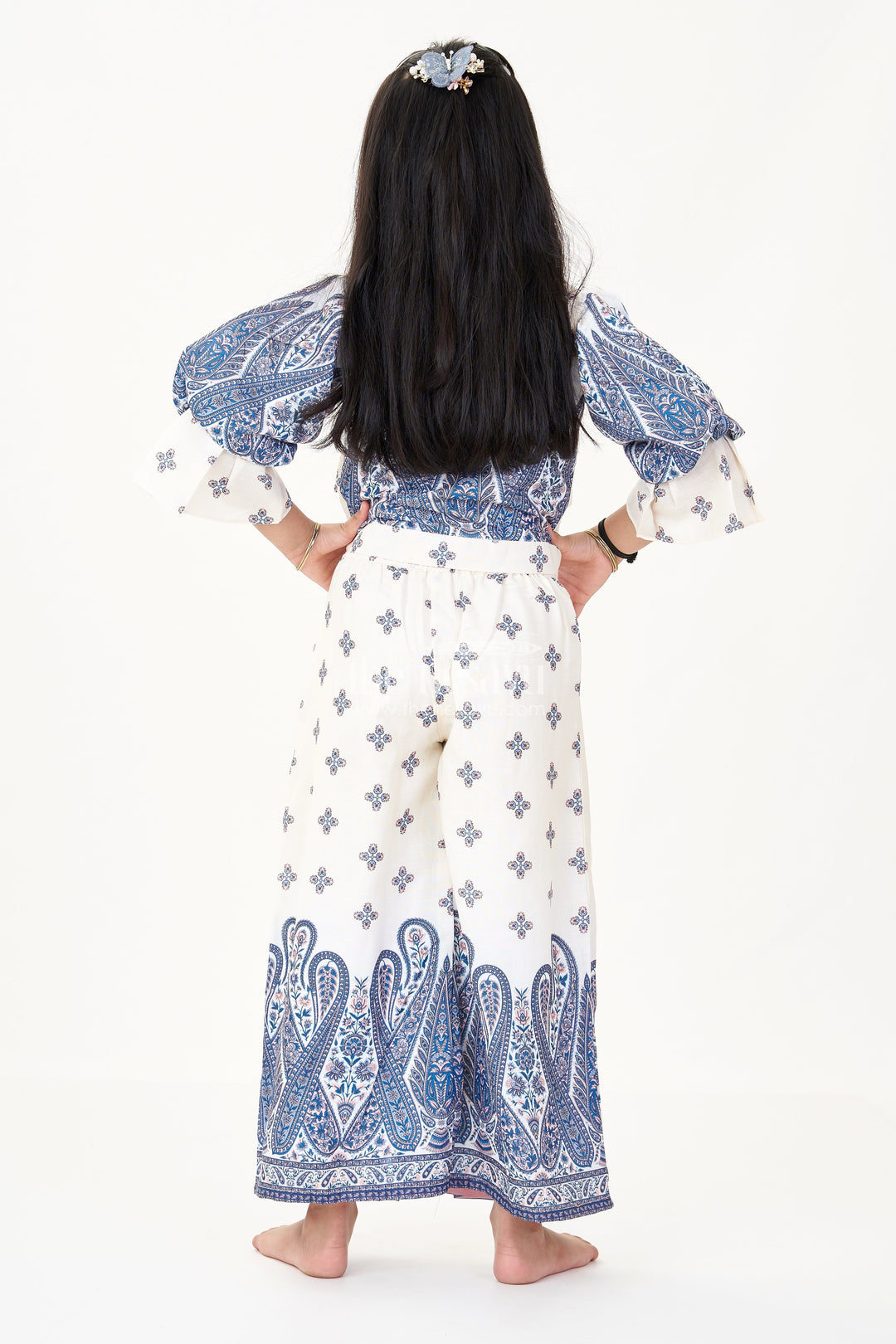 The Nesavu Girls Sharara / Plazo Set Girls Party Wear Palazzo Set in Cotton Blend with Blue Paisley Print and Puff Sleeves Nesavu Nesavu Girls Party Wear Palazzo Set Cotton Blend Blue Paisley Print Puff Sleeves