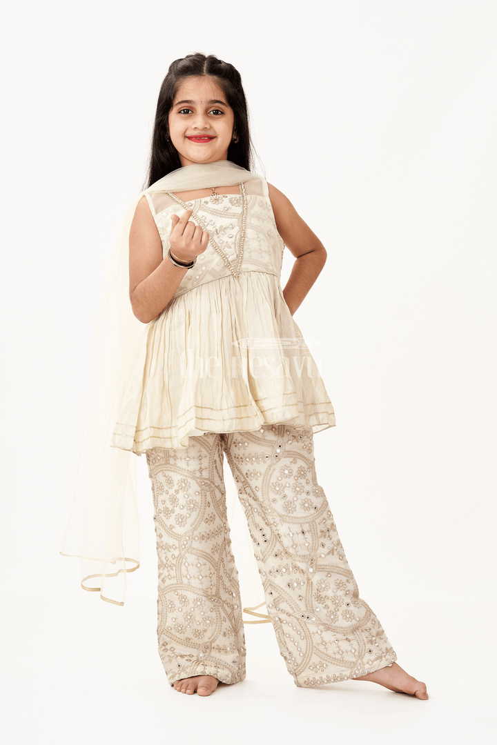 The Nesavu Girls Sharara / Plazo Set Girls Party Wear Sharara Dress in Viscose Tissue with Zari Thread Embroidery and Subtle Shine Nesavu 16 (1Y) / Cream GPS587A-16 Nesavu Golden Party Wear Sharara Dress for Girls in Viscose Tissue with Embroidery and Dupatta