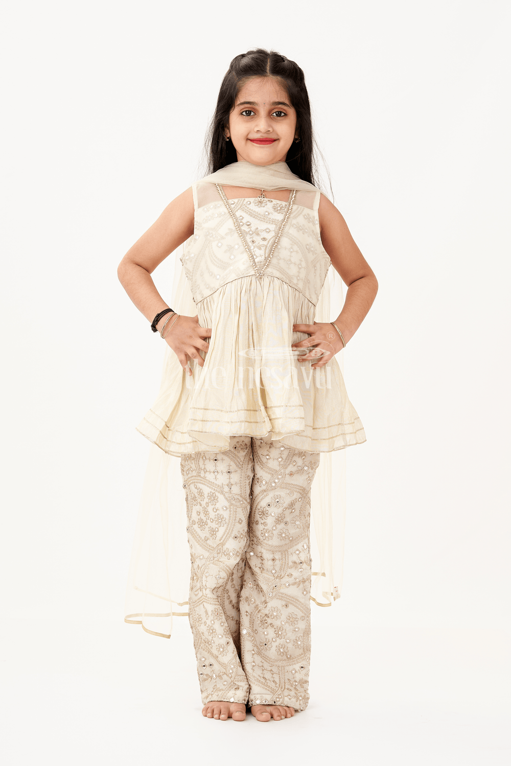 The Nesavu Girls Sharara / Plazo Set Girls Party Wear Sharara Dress in Viscose Tissue with Zari Thread Embroidery and Subtle Shine Nesavu Nesavu Golden Party Wear Sharara Dress for Girls in Viscose Tissue with Embroidery and Dupatta