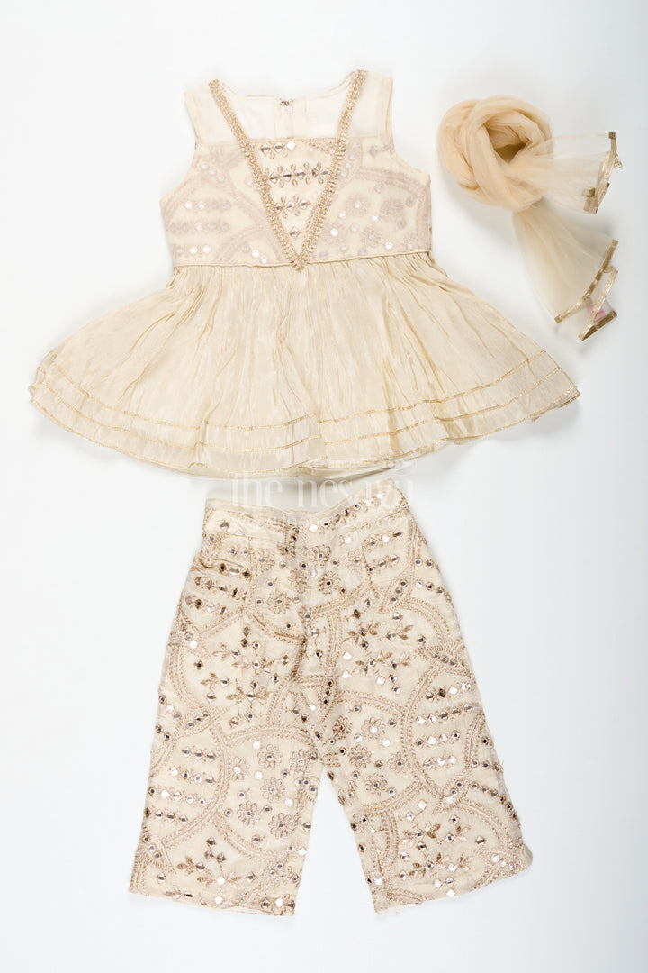 The Nesavu Girls Sharara / Plazo Set Girls Party Wear Sharara Dress in Viscose Tissue with Zari Thread Embroidery and Subtle Shine Nesavu Nesavu Golden Party Wear Sharara Dress for Girls in Viscose Tissue with Embroidery and Dupatta