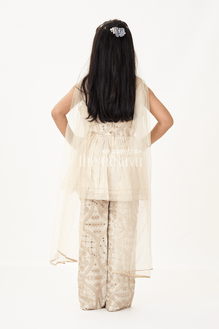 The Nesavu Girls Sharara / Plazo Set Girls Party Wear Sharara Dress in Viscose Tissue with Zari Thread Embroidery and Subtle Shine Nesavu Nesavu Golden Party Wear Sharara Dress for Girls in Viscose Tissue with Embroidery and Dupatta