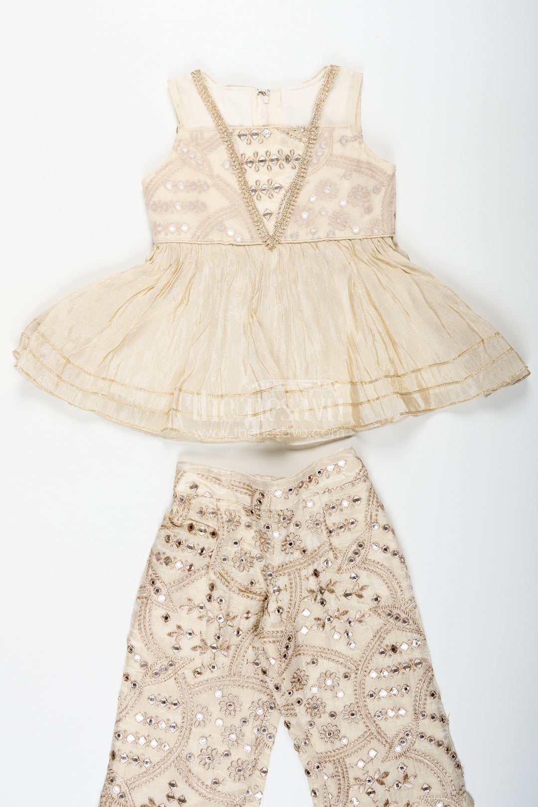 The Nesavu Girls Sharara / Plazo Set Girls Party Wear Sharara Dress in Viscose Tissue with Zari Thread Embroidery and Subtle Shine Nesavu Nesavu Golden Party Wear Sharara Dress for Girls in Viscose Tissue with Embroidery and Dupatta