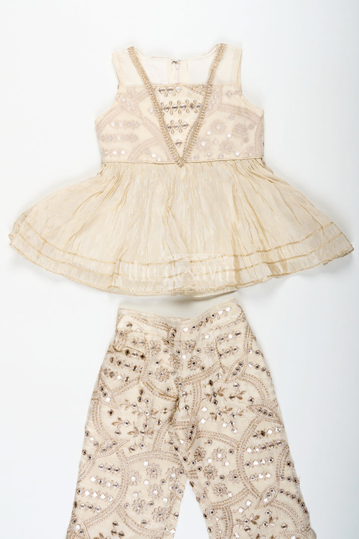 The Nesavu Girls Sharara / Plazo Set Girls Party Wear Sharara Dress in Viscose Tissue with Zari Thread Embroidery and Subtle Shine Nesavu Nesavu Golden Party Wear Sharara Dress for Girls in Viscose Tissue with Embroidery and Dupatta