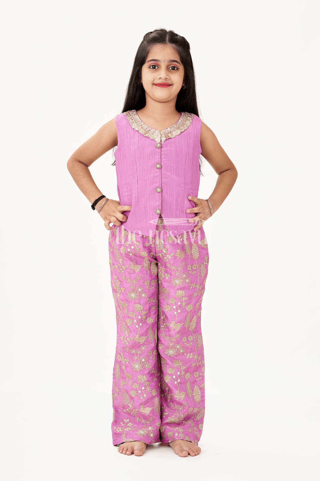 The Nesavu Girls Sharara / Plazo Set Girls Party Wear Sharara with Crop Top in Blended Silk Featuring Zari Thread Embroidery and Sequins Nesavu Nesavu Girls Party Wear Sharara Crop Top Set in Blended Silk with Zari and Sequin Embroidery