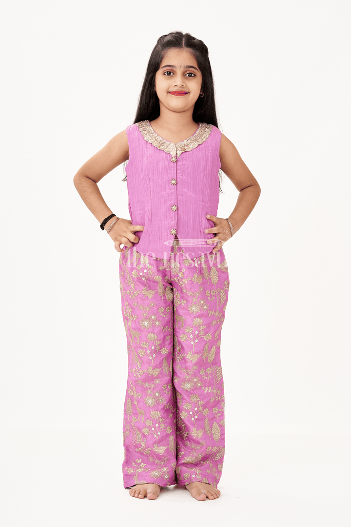 The Nesavu Girls Sharara / Plazo Set Girls Party Wear Sharara with Crop Top in Blended Silk Featuring Zari Thread Embroidery and Sequins Nesavu Nesavu Girls Party Wear Sharara Crop Top Set in Blended Silk with Zari and Sequin Embroidery