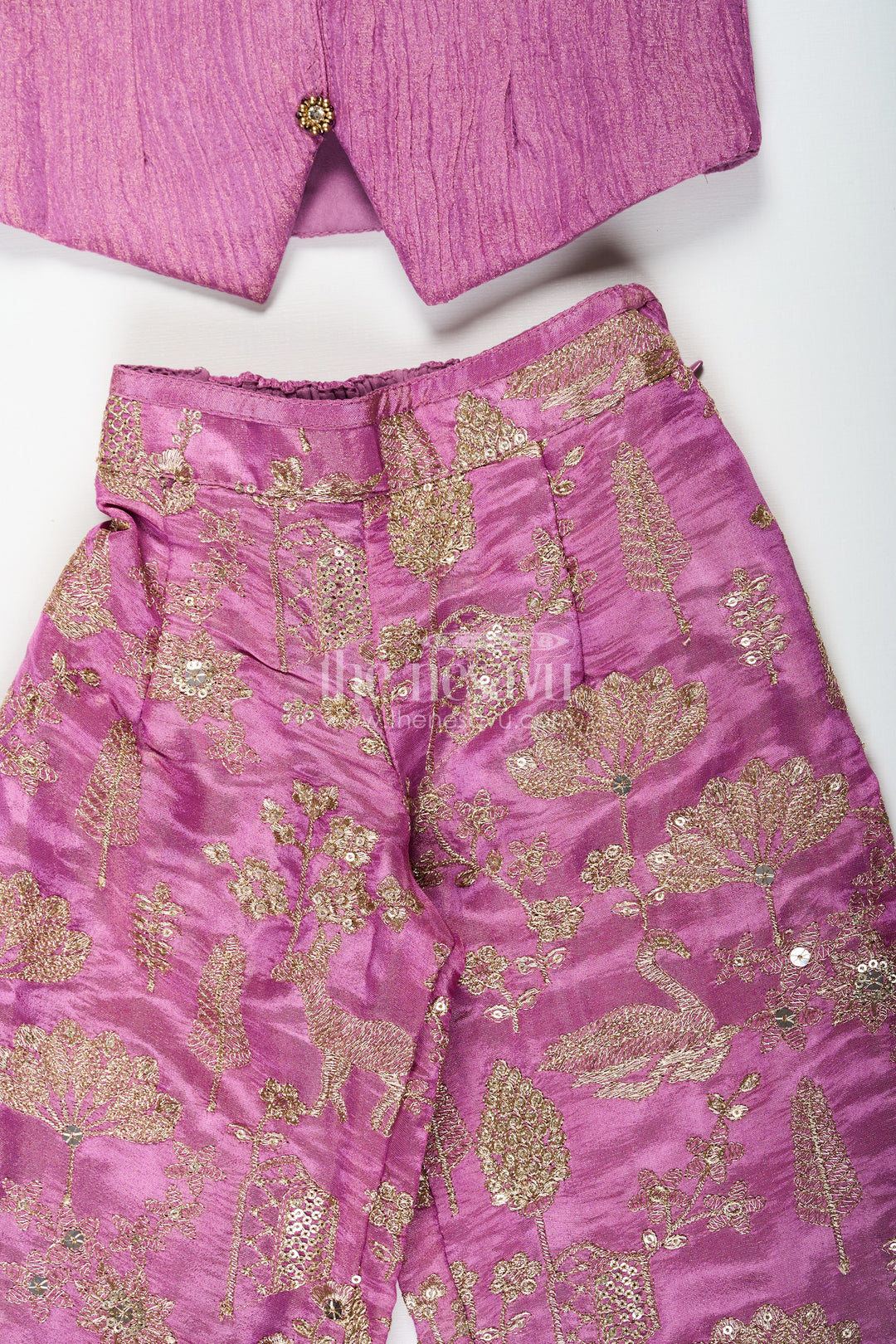 The Nesavu Girls Sharara / Plazo Set Girls Party Wear Sharara with Crop Top in Blended Silk Featuring Zari Thread Embroidery and Sequins Nesavu Nesavu Girls Party Wear Sharara Crop Top Set in Blended Silk with Zari and Sequin Embroidery