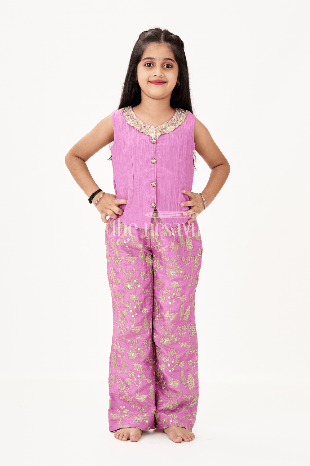 The Nesavu Girls Sharara / Plazo Set Girls Party Wear Sharara with Crop Top in Blended Silk Featuring Zari Thread Embroidery and Sequins Nesavu Nesavu Girls Party Wear Sharara Crop Top Set in Blended Silk with Zari and Sequin Embroidery