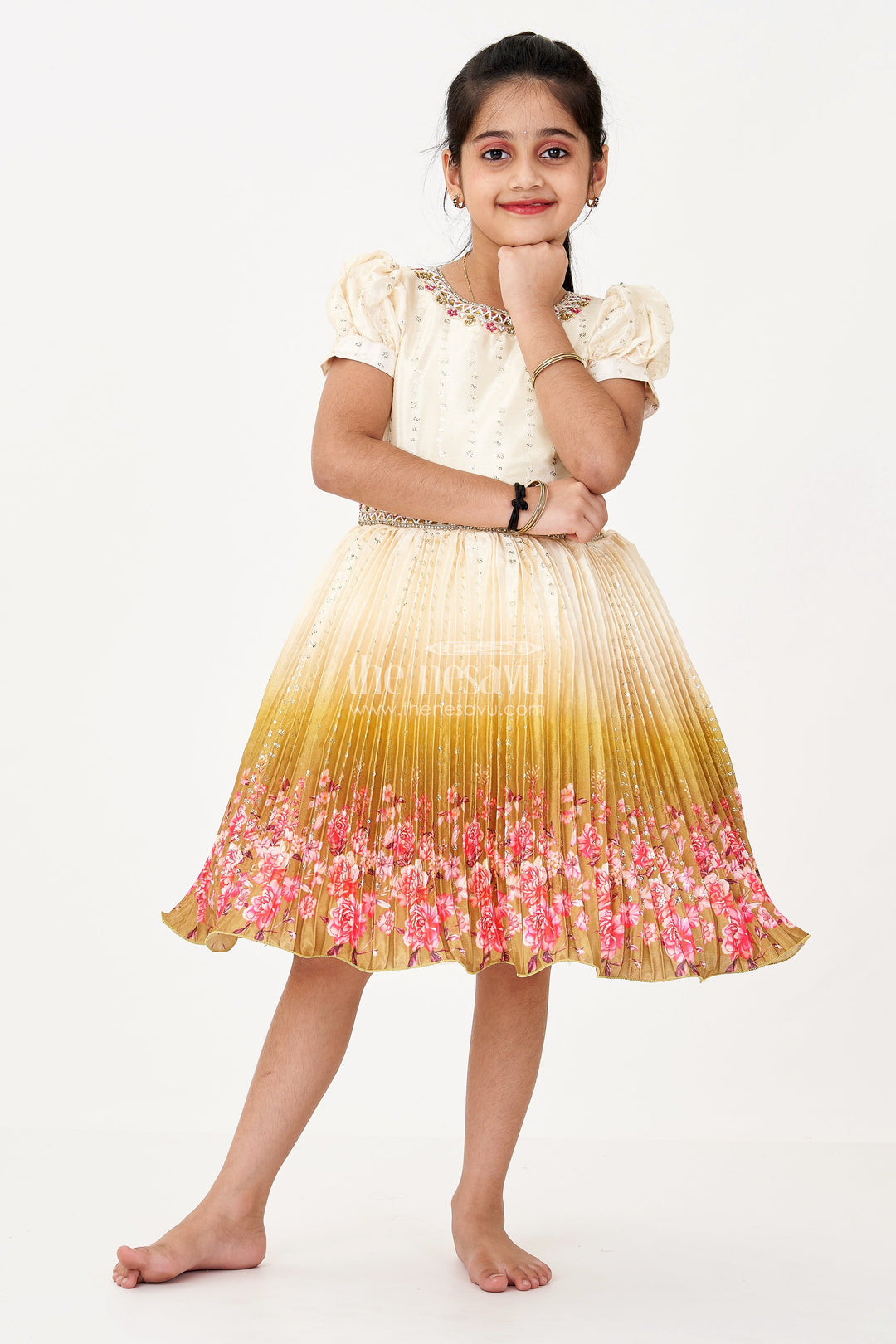 The Nesavu Silk Frock Girls Partywear Frock in Chinon Silk with Floral Digital Print Border and Embellished Puff Sleeves Nesavu 18 (2Y) / Cream SF985A-18 Nesavu Girls Partywear Frock Chinon Silk Embellished Top Floral Digital Print Border
