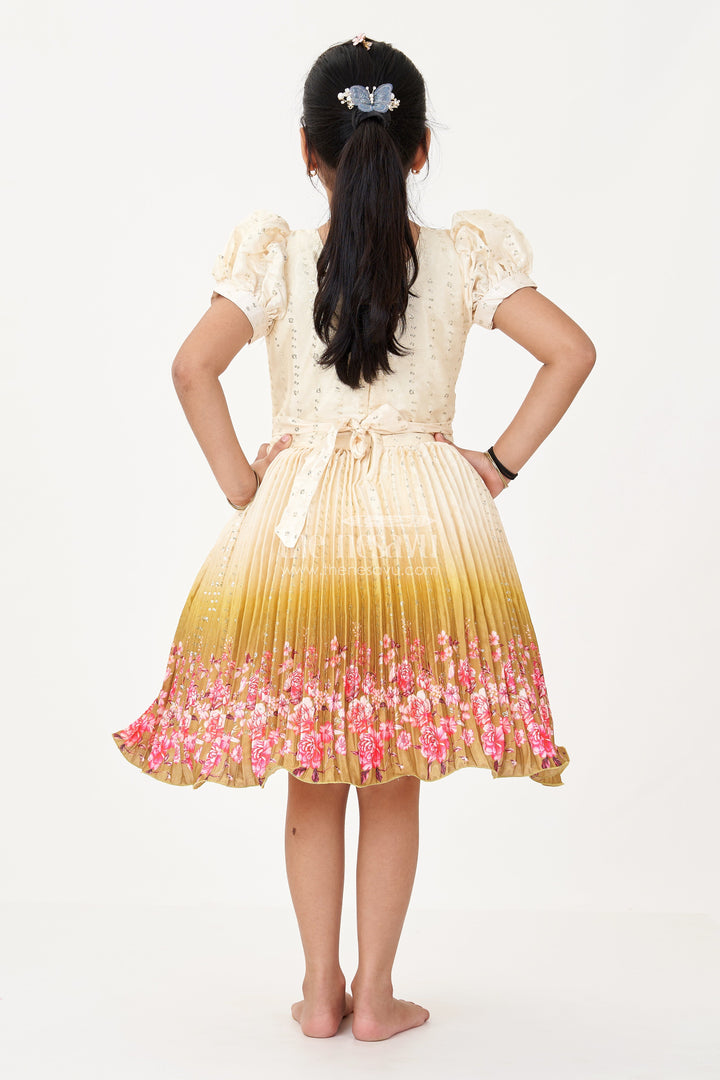 The Nesavu Silk Frock Girls Partywear Frock in Chinon Silk with Floral Digital Print Border and Embellished Puff Sleeves Nesavu Nesavu Girls Partywear Frock Chinon Silk Embellished Top Floral Digital Print Border