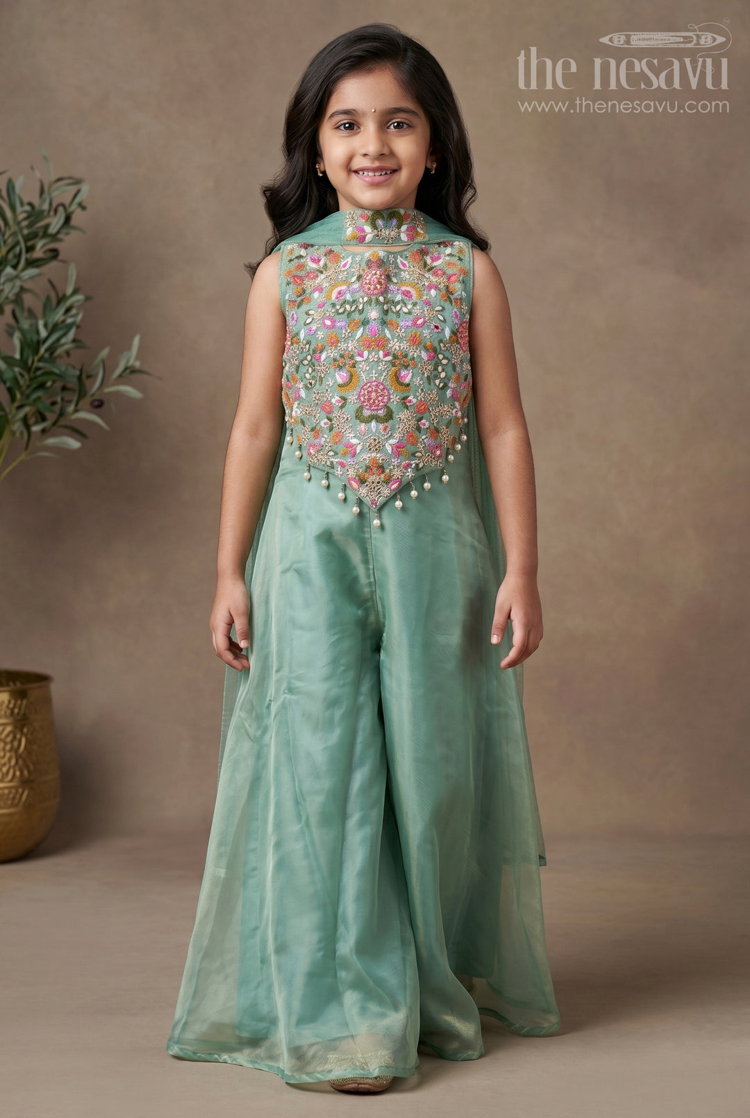 The Nesavu Girls Sharara / Plazo Set Girls Pastel Green Dress in Glazed Organza with Designer Embroidery and Sharara Pant Set Nesavu 16 (1Y) / Green GPS419B-16 Girls Pastel Green Embroidered Dress Set Glazed Organza Sharara Dupatta | The Nesavu