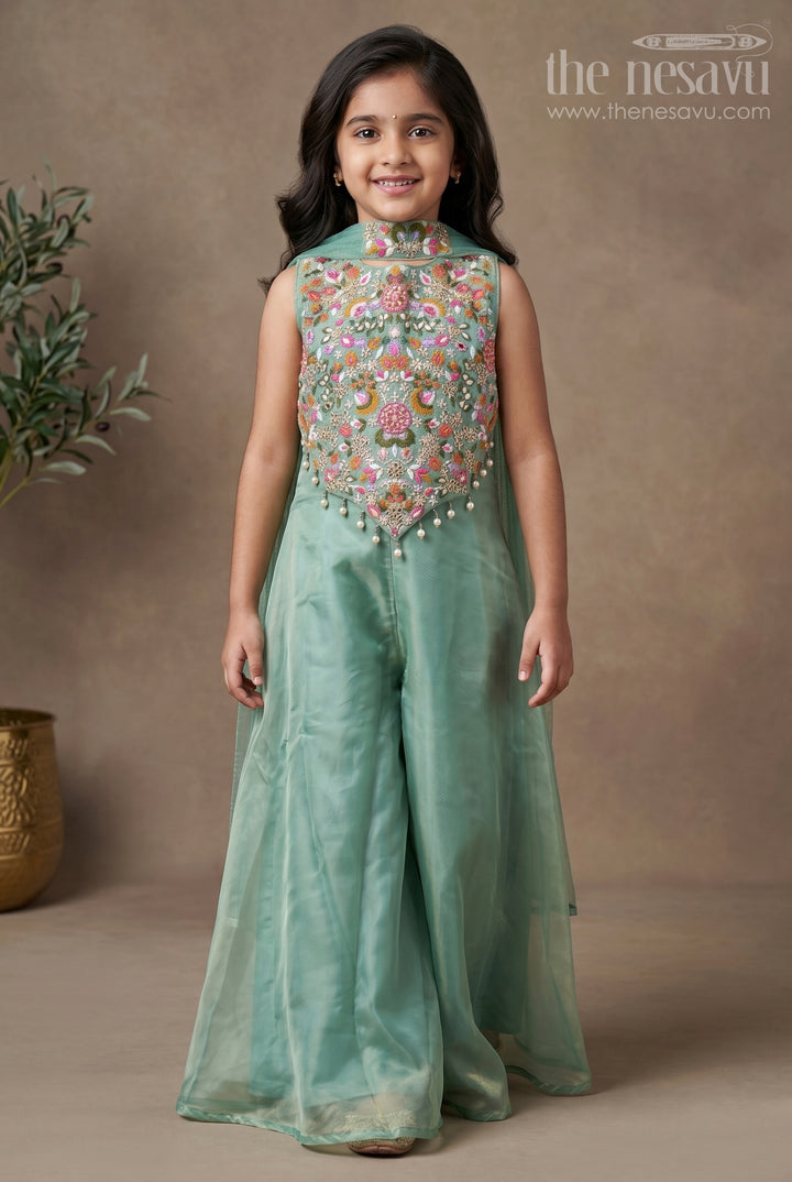 The Nesavu Girls Sharara / Plazo Set Girls Pastel Green Dress in Glazed Organza with Designer Embroidery and Sharara Pant Set Nesavu 16 (1Y) / Green GPS419B-16 Girls Pastel Green Embroidered Dress Set Glazed Organza Sharara Dupatta | The Nesavu