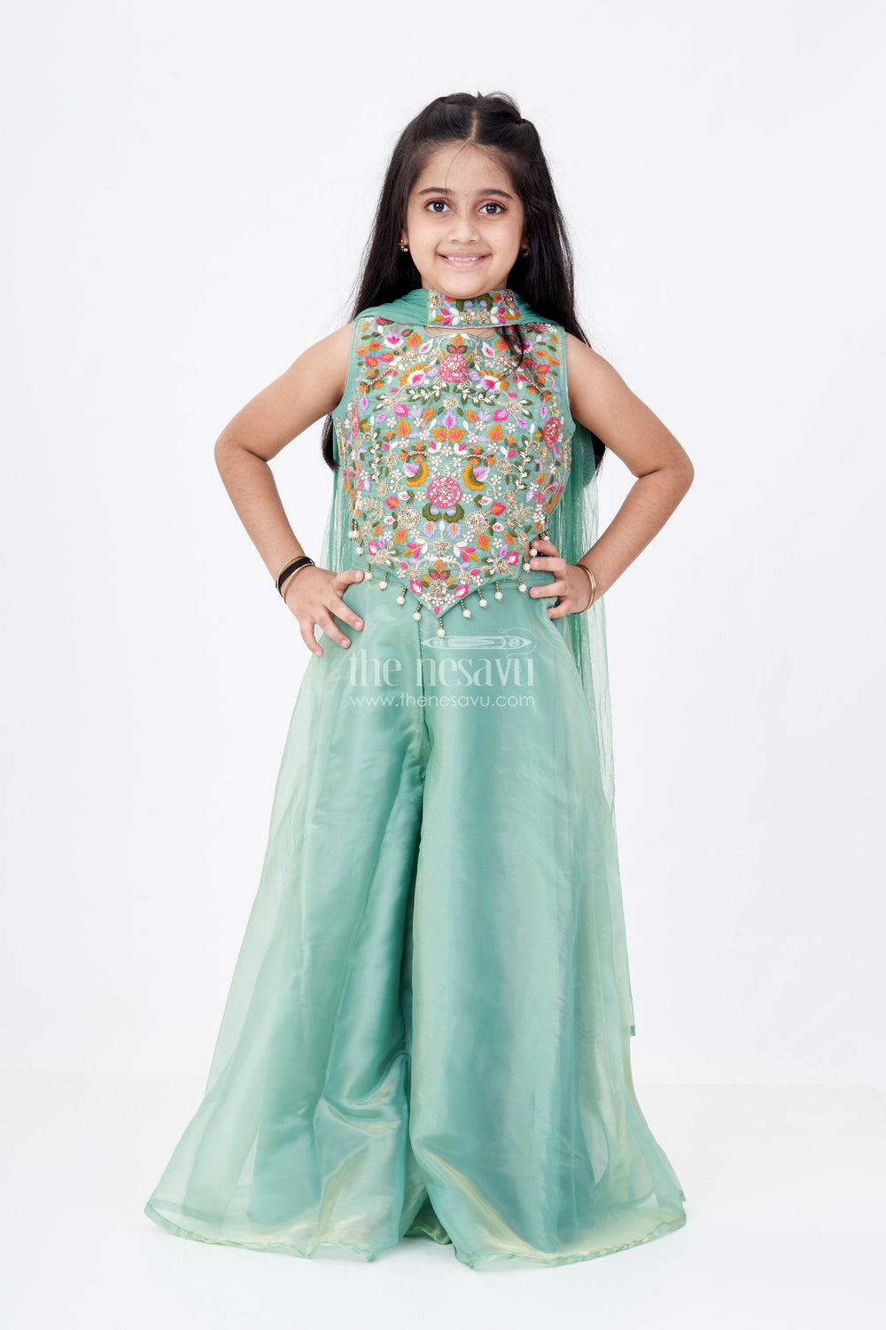 The Nesavu Girls Sharara / Plazo Set Girls Pastel Green Dress in Glazed Organza with Designer Embroidery and Sharara Pant Set Nesavu 24 (5Y) / Green GPS419B-24 Nesavu Girls Pastel Green Embroidered Dress Set Glazed Organza Sharara Dupatta