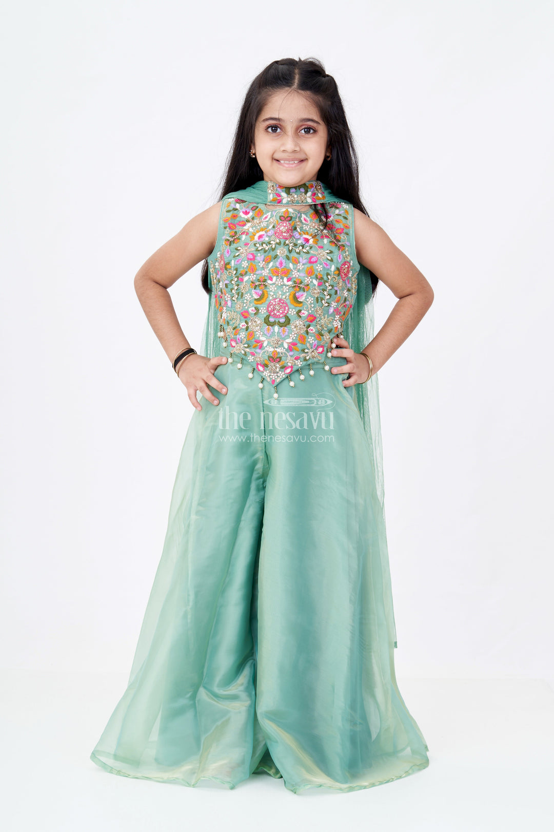 The Nesavu Girls Sharara / Plazo Set Girls Pastel Green Dress in Glazed Organza with Designer Embroidery and Sharara Pant Set Nesavu 24 (5Y) / Green GPS419B-24 Nesavu Girls Pastel Green Embroidered Dress Set Glazed Organza Sharara Dupatta