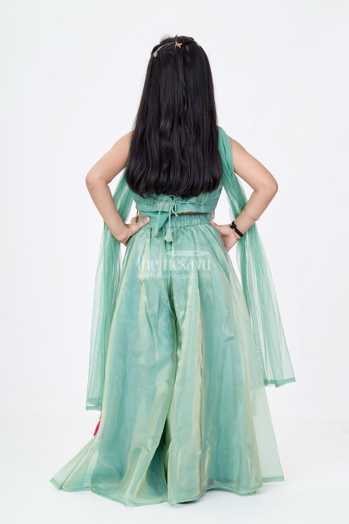 The Nesavu Girls Sharara / Plazo Set Girls Pastel Green Dress in Glazed Organza with Designer Embroidery and Sharara Pant Set Nesavu Nesavu Girls Pastel Green Embroidered Dress Set Glazed Organza Sharara Dupatta