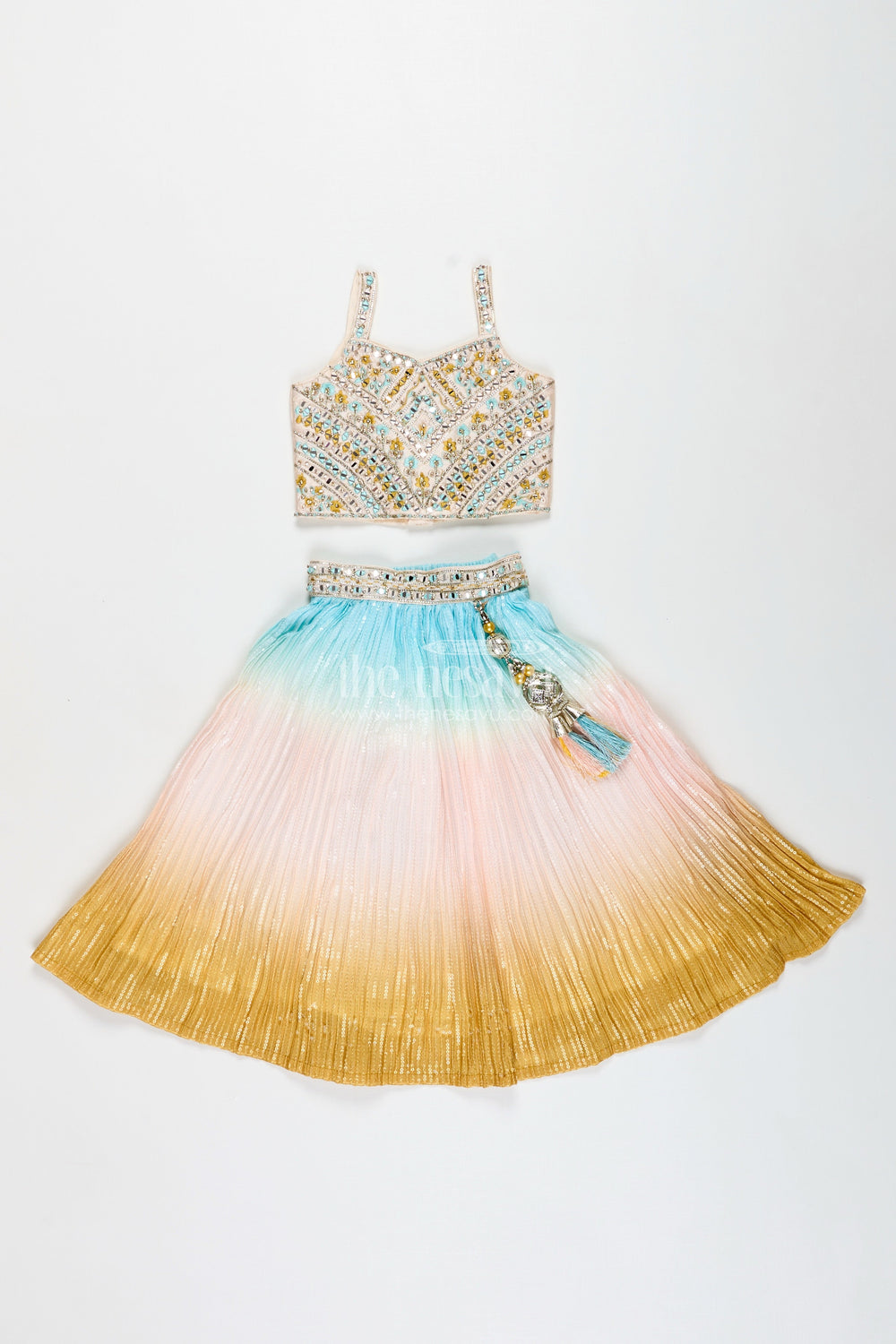 The Nesavu Girls Lehenga Choli Girls Pastel Ombre Lehenga Choli Set with Mirror-Embroidered Blouse Nesavu 16 (1Y) / Cream GL809A-16 Nesavu Girls Pastel Ombre Lehenga Choli Mirror Embroidery Festive Ethnic Set