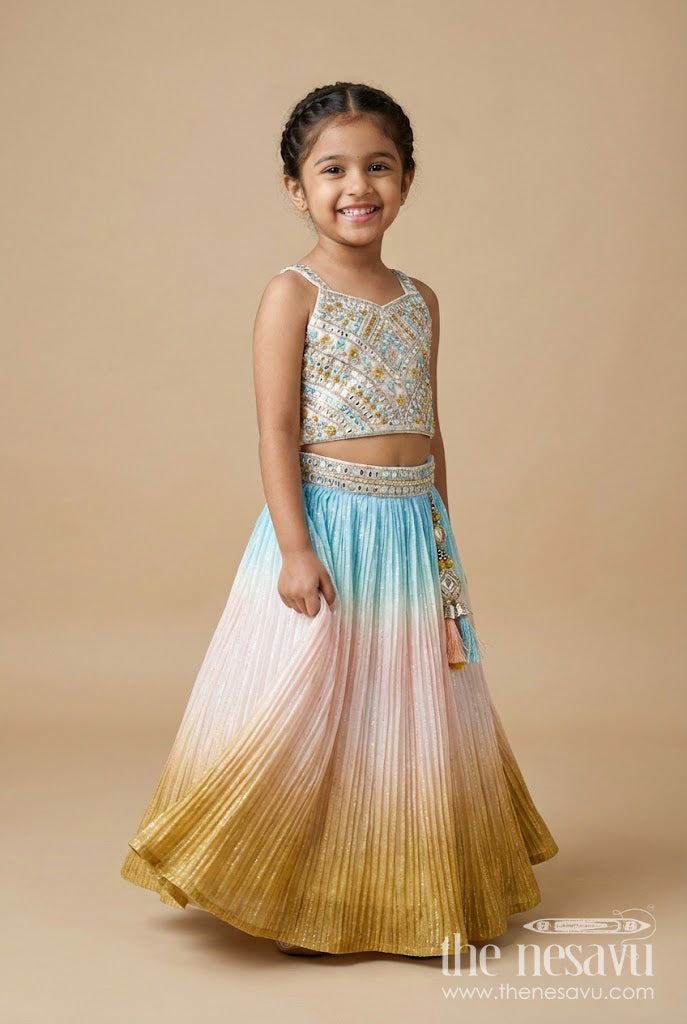 The Nesavu Girls Lehenga Choli Girls Pastel Ombre Lehenga Choli Set with Mirror-Embroidered Blouse Nesavu 16 (1Y) / Cream GL809A-16 Nesavu Girls Pastel Ombre Lehenga Choli Mirror Embroidery Festive Ethnic Set