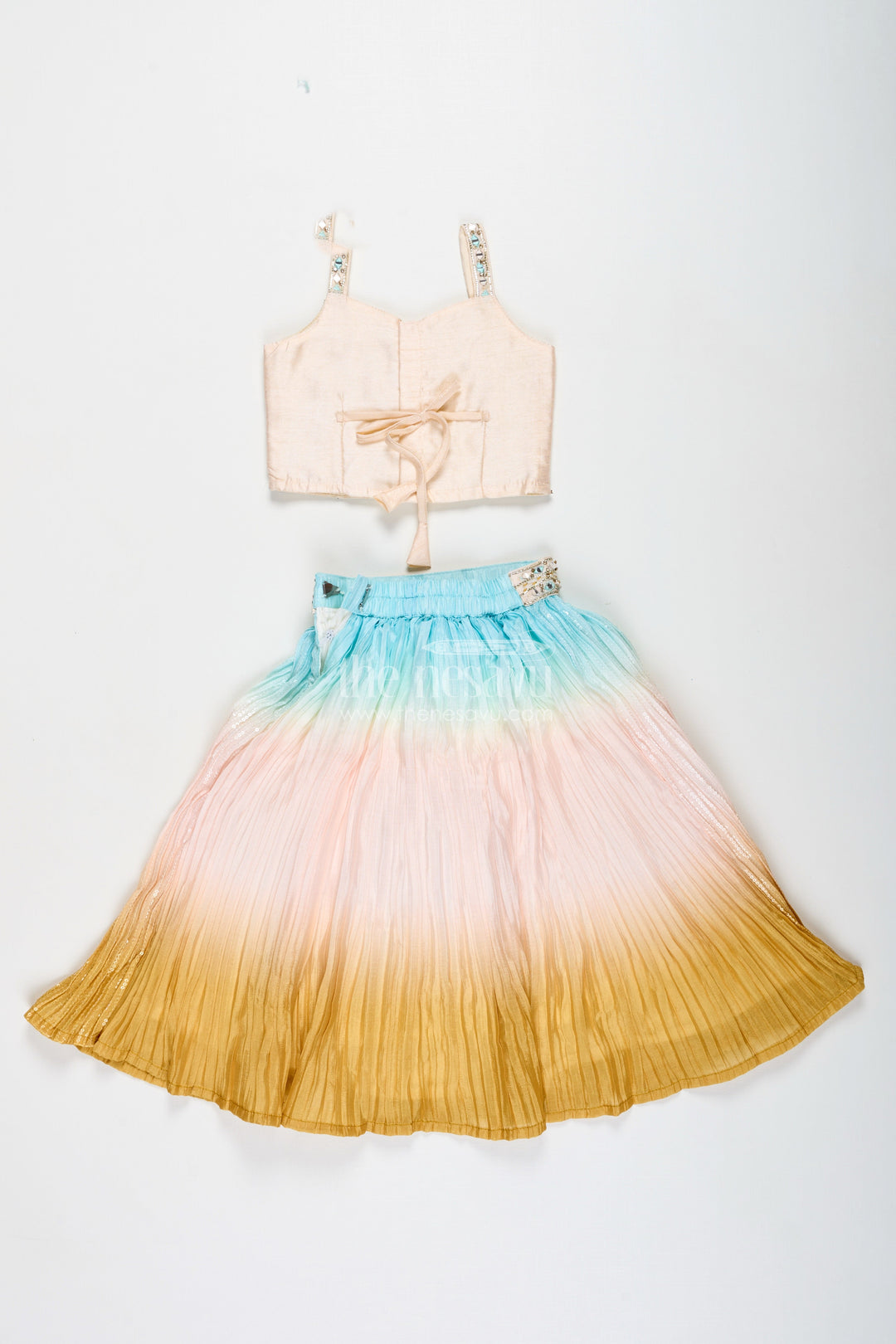 The Nesavu Girls Lehenga Choli Girls Pastel Ombre Lehenga Choli Set with Mirror-Embroidered Blouse Nesavu Nesavu Girls Pastel Ombre Lehenga Choli Mirror Embroidery Festive Ethnic Set