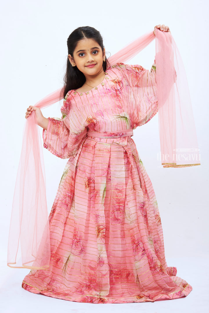 The Nesavu Girls Lehenga Choli Girls Pastel Pink Crop Top Lehenga with Floral Sheer Dupatta  Elegant Party Wear Nesavu Floral lehenga with dupatta | Birthday lehenga set for girls | The Nesavu