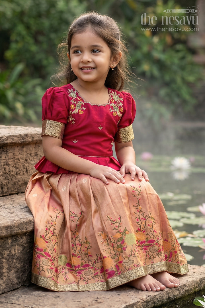 The Nesavu Pattu Pavadai Girls Pattu Pavadai for Festivals and Traditional Occasions Nesavu 16 (1Y) / Pink / Cotton GPP374B-16 Nesavu Girls Pink Pattu Pavadai For Festivals Blend Silk With Tissue Skirt Traditional Outfit