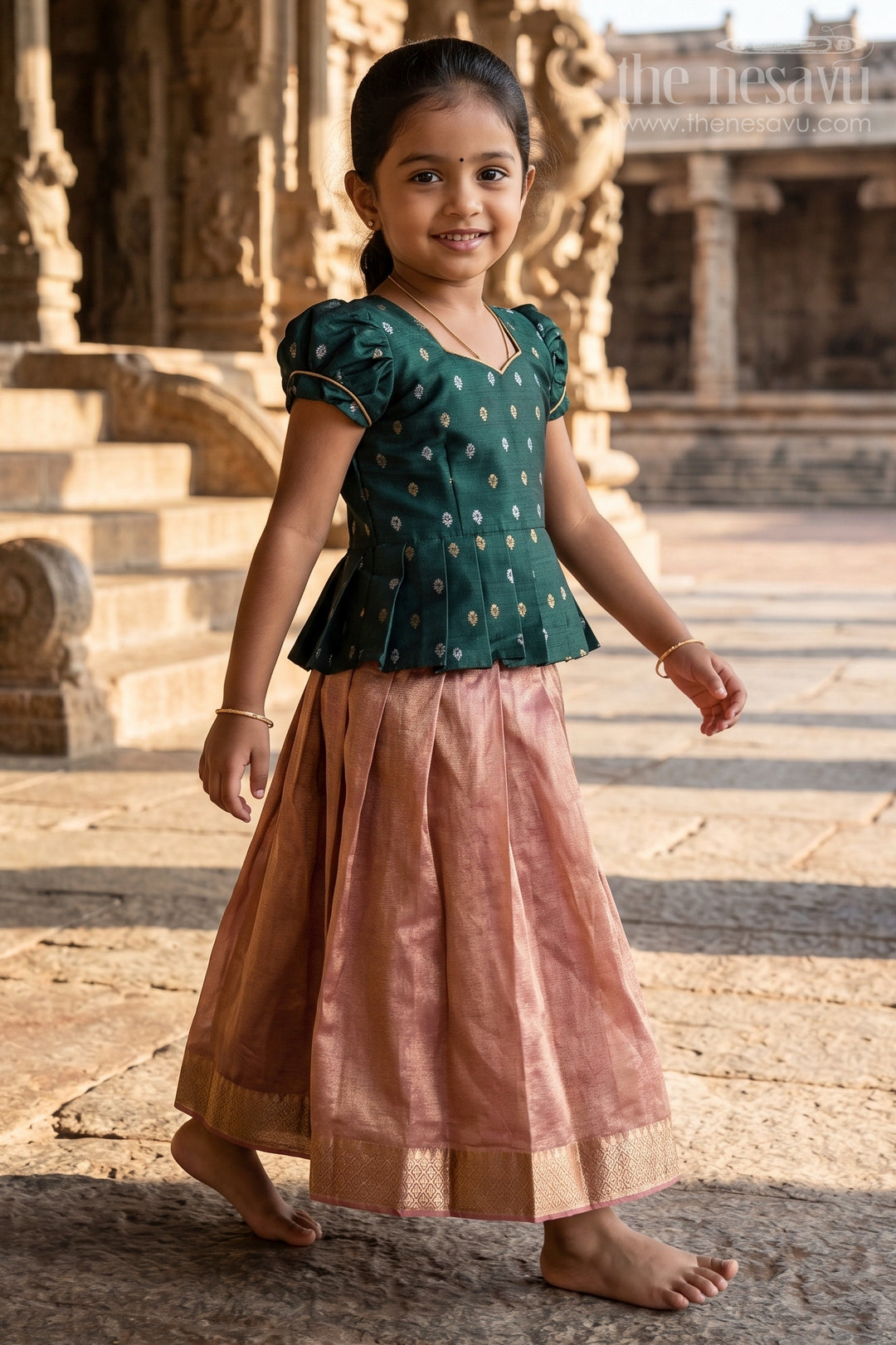 The Nesavu Pattu Pavadai Girls Pattu Pavadai for Festive Functions and Temple Celebrations Nesavu 18 (2Y) / Green / Semi Banarasi GPP384A-18 Nesavu Girls Pattu Pavadai For Festive Functions And Temple Celebrations With Semi Banaras Art Silk Design