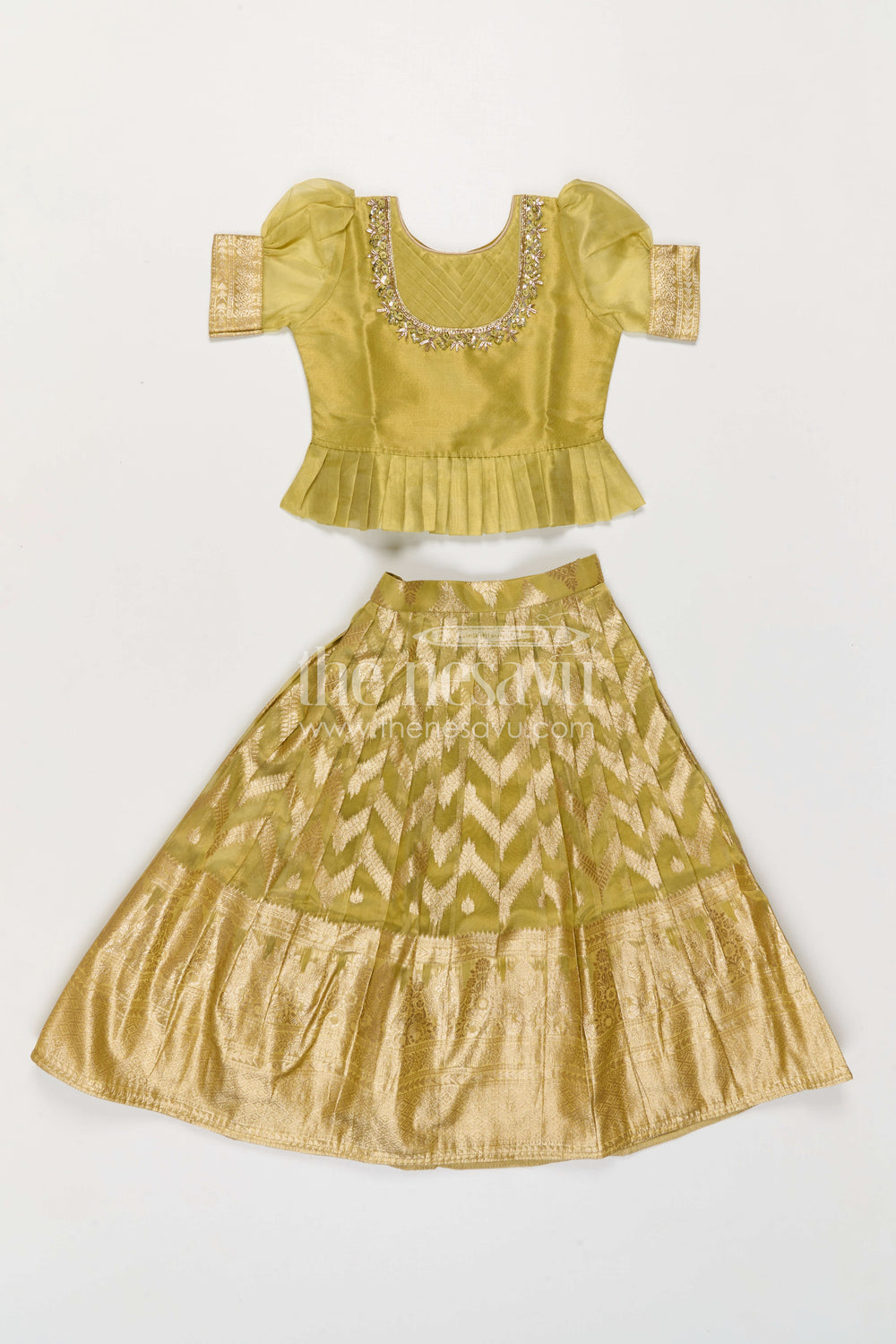 The Nesavu Pattu Pavadai Girls Pattu Pavadai for Festive Occasions and Traditional Functions Nesavu Nesavu Girls Pattu Pavadai Set In Blend Silk With Tissue Skirt For Festive Occasions And Traditional Functions