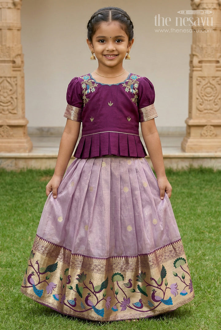 The Nesavu Pattu Pavadai Girls Pattu Pavadai for Weddings and Traditional Celebrations Nesavu 16 (1Y) / Purple / Silk GPP367CB-16 Nesavu Girls Pattu Pavadai For Weddings With Blend Silk And Tissue Bottom Festive Traditional Design
