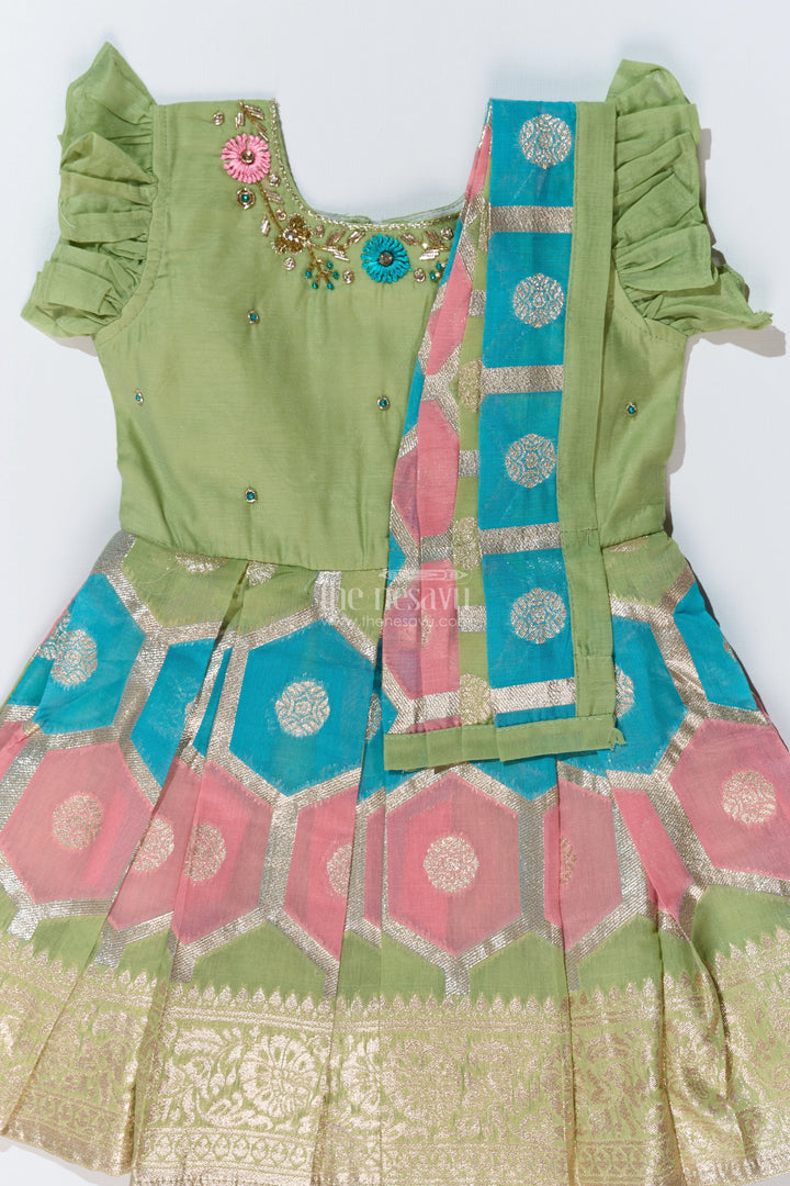The Nesavu Silk Party Frock Girls Pattu Saree to Frock with Floral Embroidery and Rich Zari Border Nesavu Nesavu Girls Pattu Saree to Frock Floral Embroidery Zari Pleated Skirt