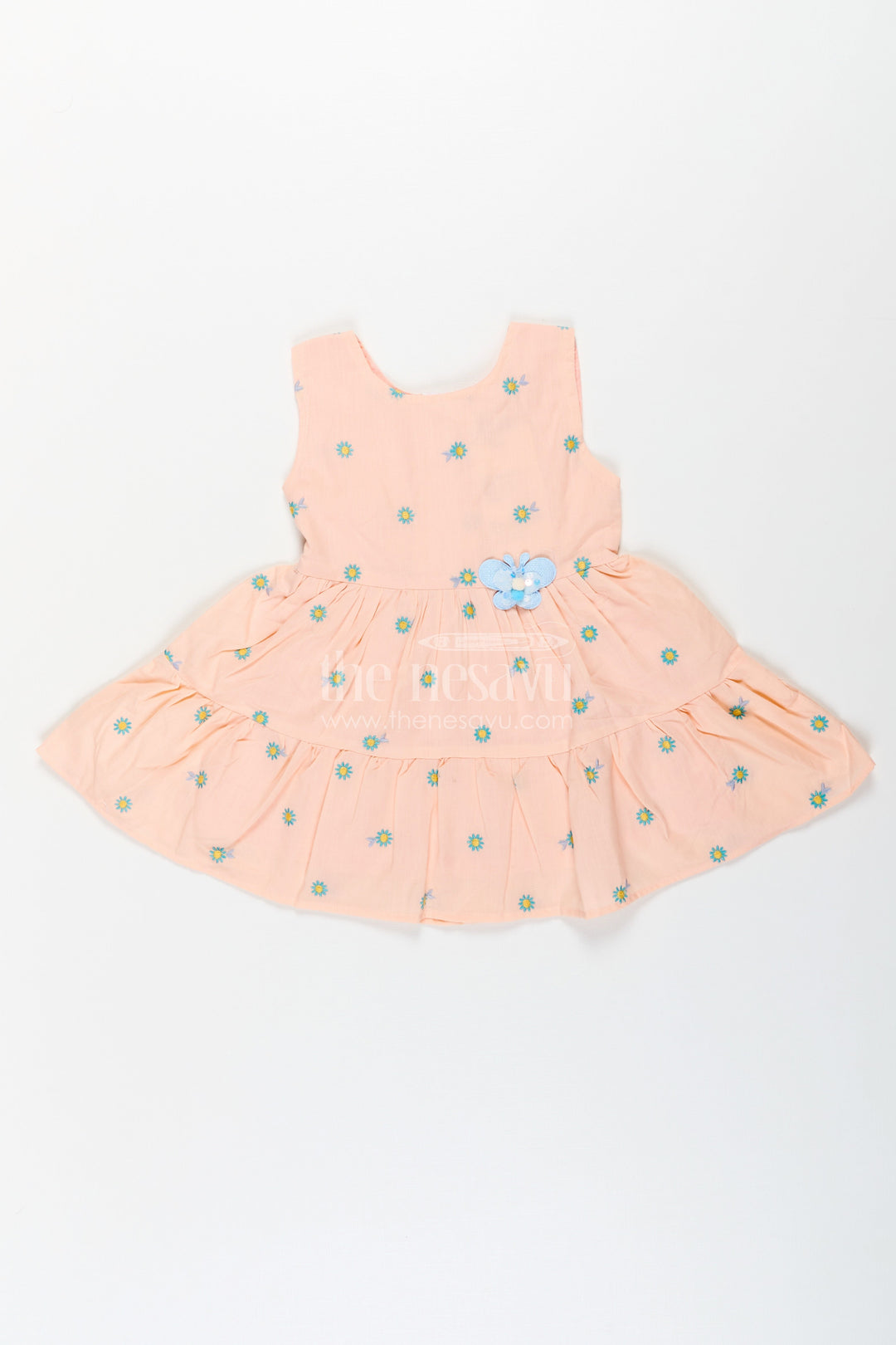 The Nesavu Baby Cotton Frocks Girls Peach Casual Dress Sleeveless in Soft Cotton with Daisy Embroidery and Blue Appliqué Nesavu 14 (6M) / Orange BFJ751C-14 Nesavu Peach Sleeveless Casual Dress Girls Cotton Floral Embroidery Blue Appliqu