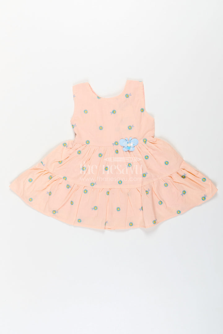 The Nesavu Baby Cotton Frocks Girls Peach Casual Dress Sleeveless in Soft Cotton with Daisy Embroidery and Blue Appliqué Nesavu 14 (6M) / Orange BFJ751C-14 Nesavu Peach Sleeveless Casual Dress Girls Cotton Floral Embroidery Blue Appliqu