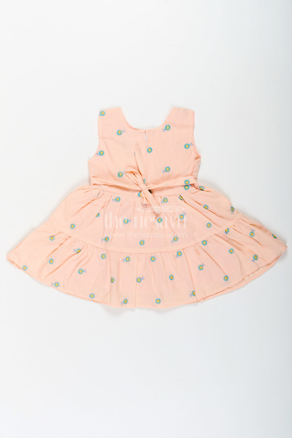 The Nesavu Baby Cotton Frocks Girls Peach Casual Dress Sleeveless in Soft Cotton with Daisy Embroidery and Blue Appliqué Nesavu Nesavu Peach Sleeveless Casual Dress Girls Cotton Floral Embroidery Blue Appliqu