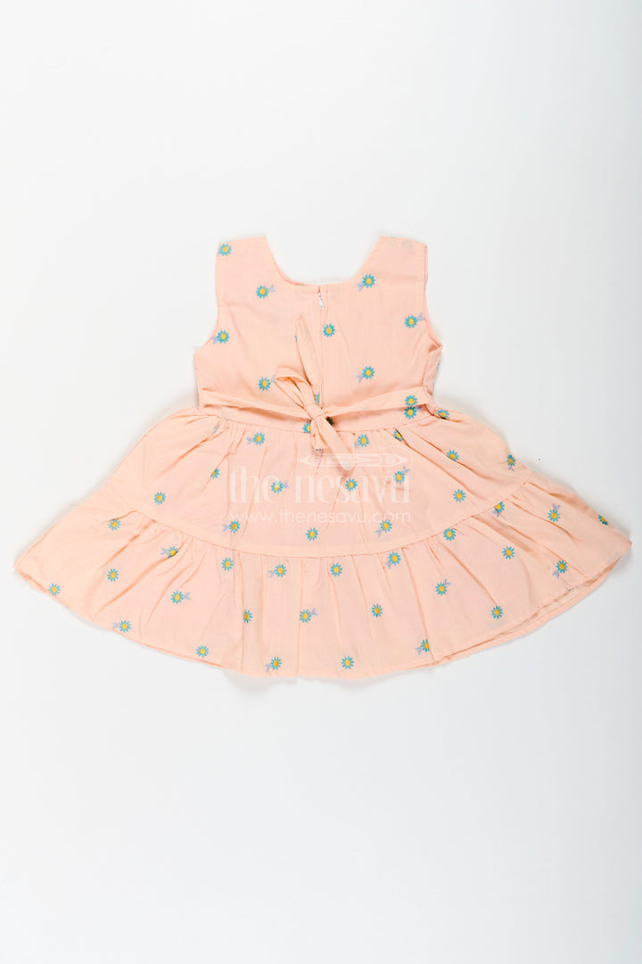 The Nesavu Baby Cotton Frocks Girls Peach Casual Dress Sleeveless in Soft Cotton with Daisy Embroidery and Blue Appliqué Nesavu Nesavu Peach Sleeveless Casual Dress Girls Cotton Floral Embroidery Blue Appliqu