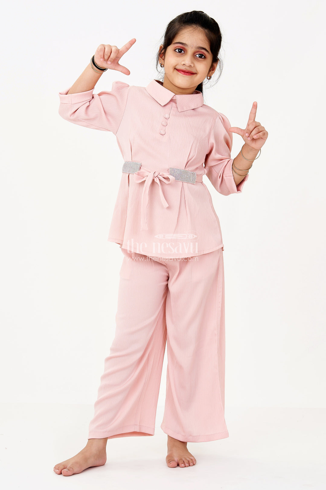 The Nesavu Girls Sharara / Plazo Set Girls Peach Chinnon Co Ord Set with Stone Embellished Belt and Pleated Top for Womens Casual Co Ord Sets Nesavu 20 (3Y) / Peach GPS567B-20 Nesavu Girls Peach Co Ord Set Chinnon Chiffon Stone Belt Womens Casual Stylish Look