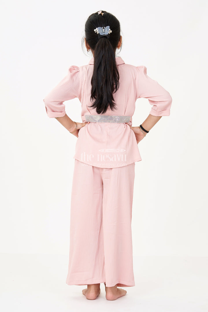 The Nesavu Girls Sharara / Plazo Set Girls Peach Chinnon Co Ord Set with Stone Embellished Belt and Pleated Top for Womens Casual Co Ord Sets Nesavu Nesavu Girls Peach Co Ord Set Chinnon Chiffon Stone Belt Womens Casual Stylish Look