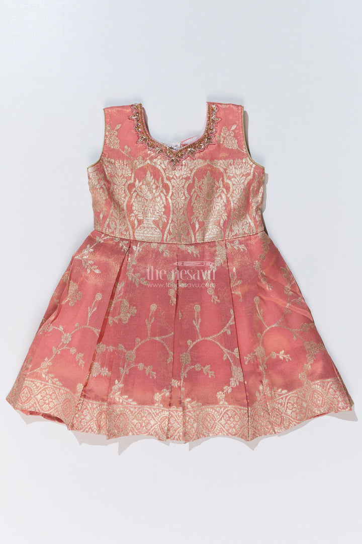 The Nesavu Silk Party Frock Girls Peach Color Frock in Silk with Embroidery and Pleated Skirt for Traditional Wear Nesavu 16 (1Y) / Peach SF976B-16 Nesavu Girls Peach Color Silk Frock Embroidery Pleated Skirt Festive Wear